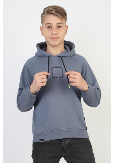 Kapüşonlu Fermuarlı Cepli Erkek Çocuk Sweatshirt-90916 İndigo