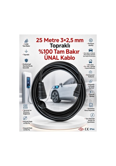 Ünal Kablo Elektrikli Araç Şarj Uzatma Kablosu 25 Metre 3x2,5 Mm² %100 Saf Bakır Kauçuk Erkek-dişi Fişli Tse Ce Belgeli 25 M