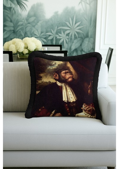 Klasik Portre Lüx Saçaklı Yastık Kılıfı-uniformalı Maymun Siyah Vintage Püsküllü Kırlent Kılıfı Çok Renkli