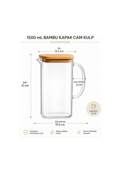 Bambu Kapaklı Cam Sürahi 1,5 Litre,ısıya Dayanıklı Borosilikat Cam Sürahi, Limonata, Soğuk İçecek Ve Sunum Sürahisi