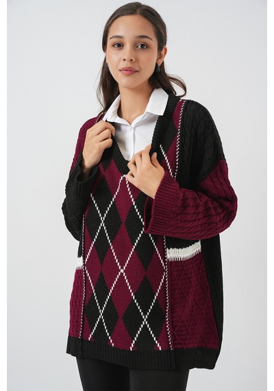 Bigdart Kadın V Yaka Desenli Triko Kazak 15933 - Bordo