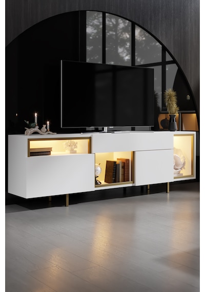 Norm Gold Demir Ayaklı Rgb Led Işık Sistemli Beyaz Tv Ünitesi Tv Sehpası Beyaz - Altın Norm Gold Demir Ayaklı Rgb Led Işık Sistemli Beyaz Tv Ünitesi Tv Sehpası Beyaz - Altın