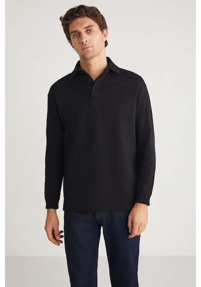 Grımelange JOHN Erkek Polo Sweat Gömlek Yakalı Arkası Uzun Yırtmaçlı Diagonel Kumaşlı Siyah Sweatshirt