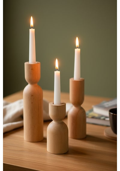 Dekoratif 3’lü Ahşap Mumluk Set Modern Minimalist Doğal Şamdan Ofis Ev Mum Standı Nordic