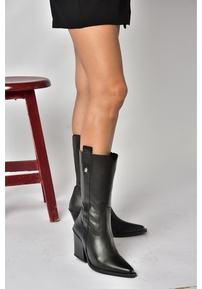 Fox Shoes Z654940103 Siyah Hakiki Deri Kalın Topuklu Western Kadın Çizme