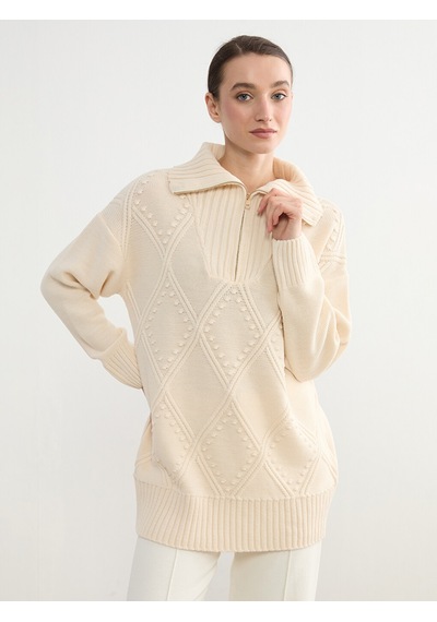 Lcw Modest Bej Polo Yaka Baklava Desenli Kadın Triko Tunik
