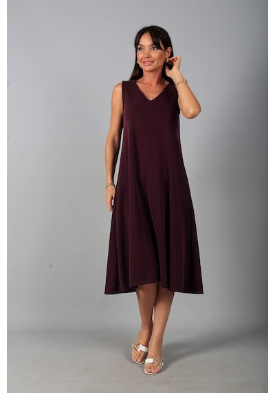 By Saygı Kadın V Yaka Ön Pervazlı Pike Kumaş Kolsuz Oversize Midi Elbise Mürdüm