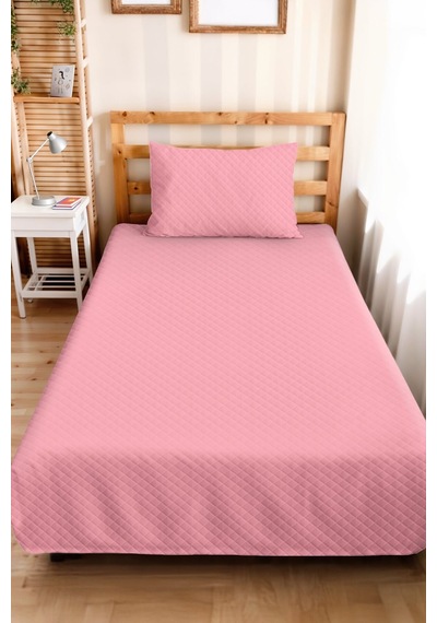 Pembe Pastel Genç Odası Tek Kişilik Pike Takımı - Modern Kapitone 160x220 Cm Mevsimlik Yatak Örtüsü Perde Kil Serinliği