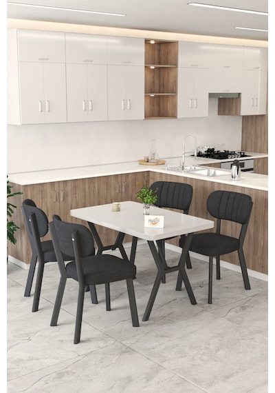 Gnr 70x110cm Sabit Beyaz Mutfak Masası Takımı, Yemek Masası, 4 Modern Siyah Sandalye Siyah