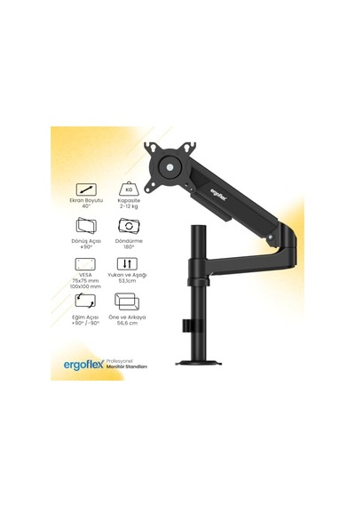 Ergoflex Ef S10 Siyah 22-40inch Uyumlu Amortisörlü 2-12 Kg Monitör Standı 2026 Versiyon