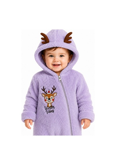 Tatlı Geyik Nakışlı Welsoft Peluş Kapüşonlu Fermuarlı Kışlık Unisex Bebek Tulumu 40212 Lila