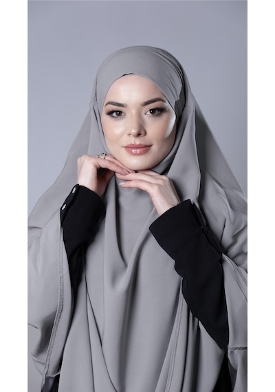 Hürrem Bone Gri Pratik Hazır Geçmeli Tesettür Eşarp Medine İpeği Bağcıklı Sufle Hijab 2301 15