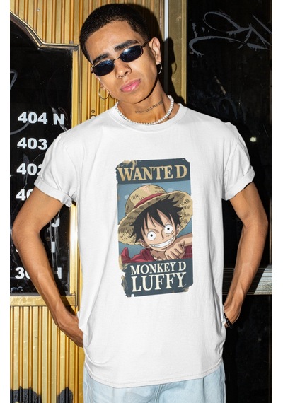 Sevbano Wanted Monkey D. Luffy Baskılı Unisex Oversize One Piece Anime Ka Beyaz