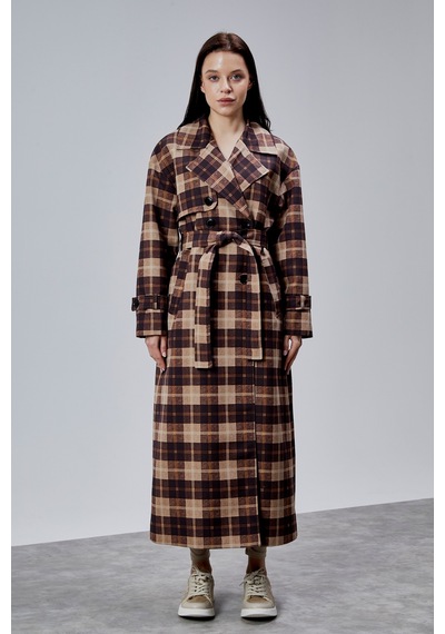 Elora Kahverengi Ekose Detaylı Premium Oversize Trençkot 46650 Kahverengi-vizon