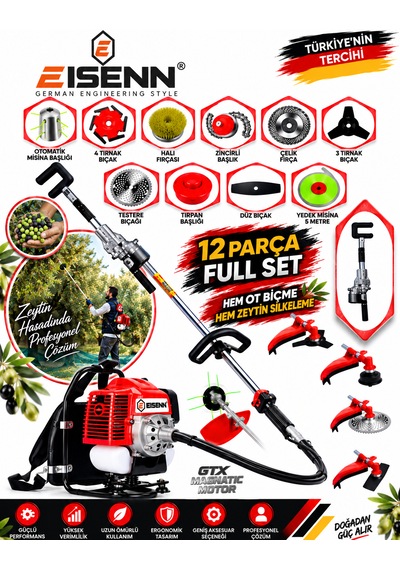 Eisenn Es-1200 Olive 12 Parça Full Set Sırt Tipi Zeytin Silkeme Hasat Toplama Tırpan Motoru