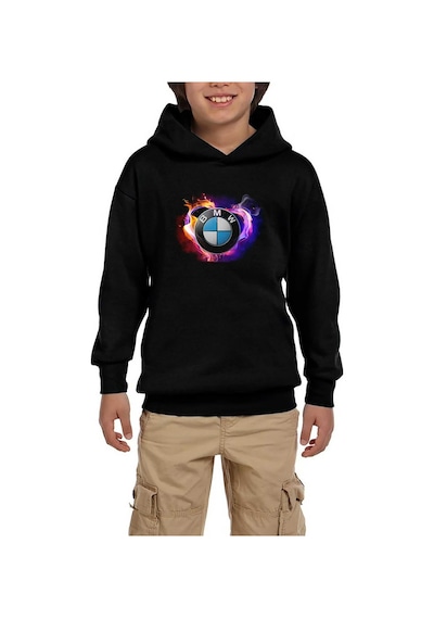 Zepplin Giyim BMW Heart Colorful Logo Siyah Çocuk Kapşonlu Sweatshirt Siyah