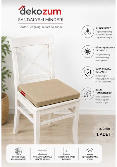 Comfort Plus Sandalye Koltuk Minderi 40x40 Bağcıklı Fermuarlı Yıkanabilir Balkon Bahçe Minderi 1 Adet Krem 1 Li