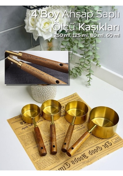 4 Lü Ahşap Saplı Ölçü Kaşığı Seti 250/125/80/60 Ml Paslanmaz Metal Sarı