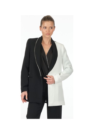 Explosion Minimalist Oversize Midi Kadın Ceket - Siyah Beyaz Siyah