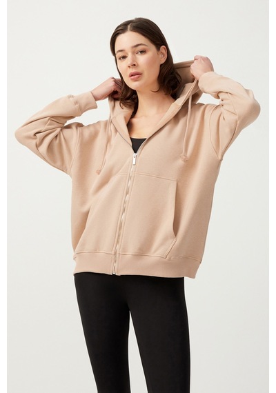 Los Ojos Kadın Bej Kapüşonlu Oversize Şardonlu Fermuarlı Örme Sweatshirt Bej