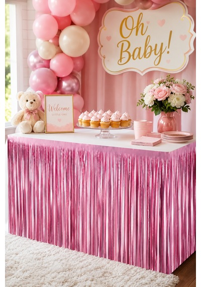 Metalize Mat Pembe Masa Eteği Fon Süs 240x75 Cm Parti Masa Dekorasyon Ve Fon Süsü Çok Renkli
