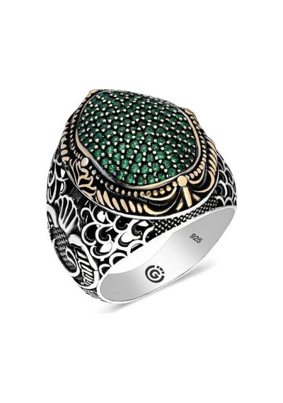 Gümüş Yeşil Zirkon Taşlı Oval Erkek Yüzük (551185715)