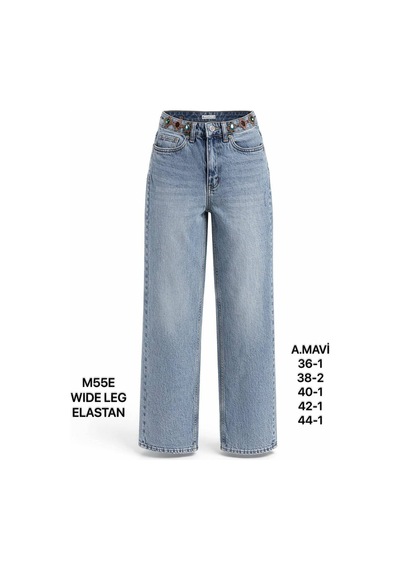 Miss Poem Kadın A.mavi Taş Detaylı Yüksek Bel Wide Leg Jean Pantolon Açık Mavi