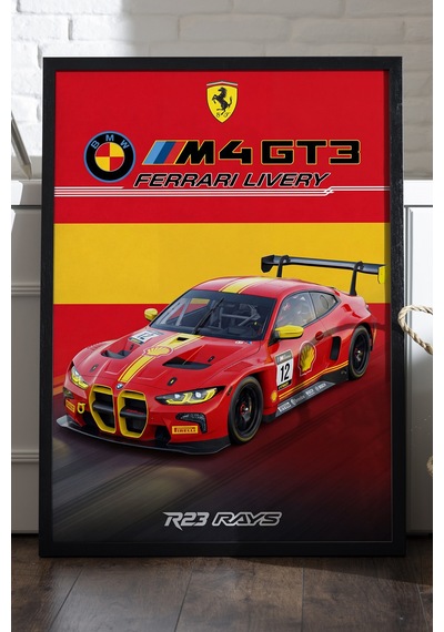 Bmw M4 Gt3 Siyah Ahşap Çerçeveli Poster, Dekoratif Araba Duvar Tablosu
