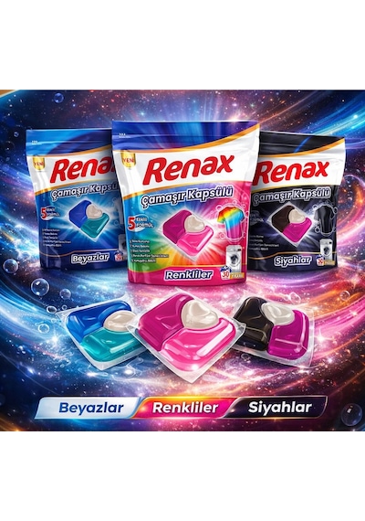 Renax Çamaşır Kapsülü 30 Yıkama Beyazlar-renkliler-siyahlar 3 Lü Paket