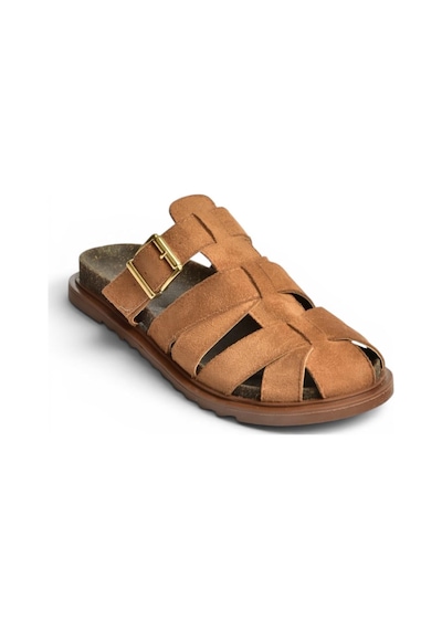 Fox Shoes Y596549502 Taba Süet Tokalı Önü Kapalı Kadın Terlik