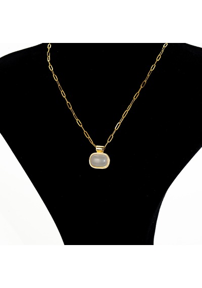 Biem Büyük Beyaz Taşlı Çelik Kolye Gold/gümüş