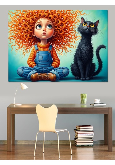 Kırmızı Saçlı Küçük Kız Ve Kara Kedi Çizimi Dekoratif Kanvas - Mdf Ahşap Tablo