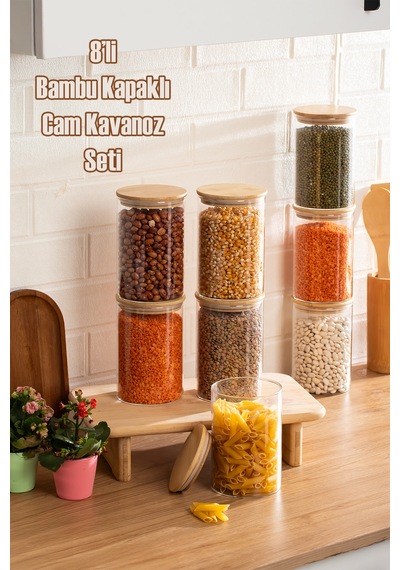 Porsima 2-4 Bambu Borosilikat Vakumlu Kapaklı Yuvarlak Cam 8li Kavanoz Seti Saklama Kabı 1300ml 10x20cm