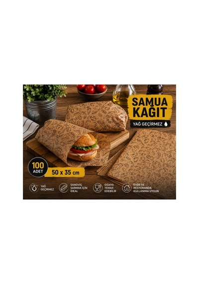 Şamua Kağıt 50x35 Cm 100 Adet Yağ Geçirmez Servis Kağıdı Gıdaya Temas Uygun Sandviç Ve Hamburger Servis Kağıdı