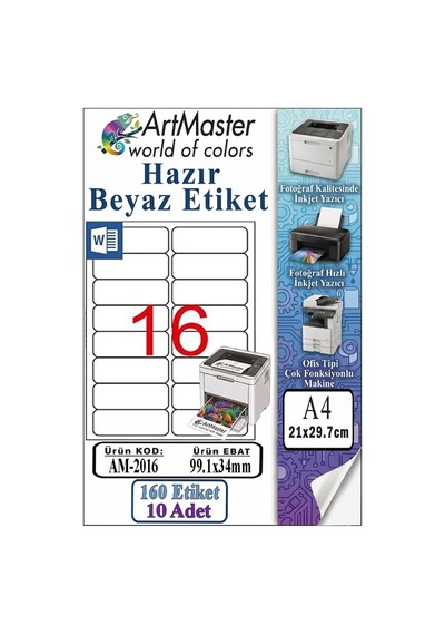 A4 Hazır Beyaz Etiket 99.1x34mm 10 Sayfa 1 Paket 16 Lı Kendinden Yapışkanlı Fotokopi Lazer İnkjet Kağıdı Yazıcılar İçin