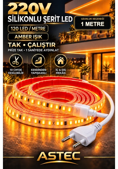 Astec Yapışkanlı 1 Metre Amber 220v Silikonlu Şerit Led Yüksek Güç Tak Çalıştır İç Dış Mekân Su Geçirmez