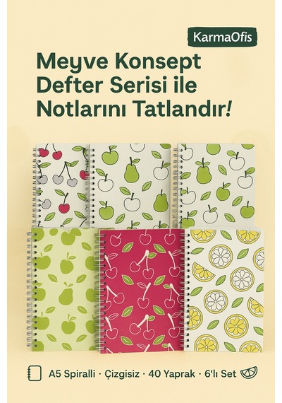 A5 Spiralli Meyve Konsept Defter 40 Yaprak 6'lı Tamamı Çizgisiz
