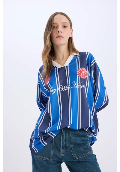DeFacto Coool Oversize Geniş Kalıp Polo Yaka Baskılı Forma Kumaşı Uzun Kollu Tişört E5373AX25SPNV241 DeFacto Coool Oversize Geniş Kalıp Polo Yaka Baskılı Forma Kumaşı Uzun Kollu Tişört E5373AX25SPNV241