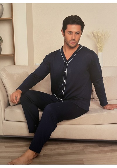 Erkek Önden Düğmeli Uzun Kollu Pijama Takım Lacivert