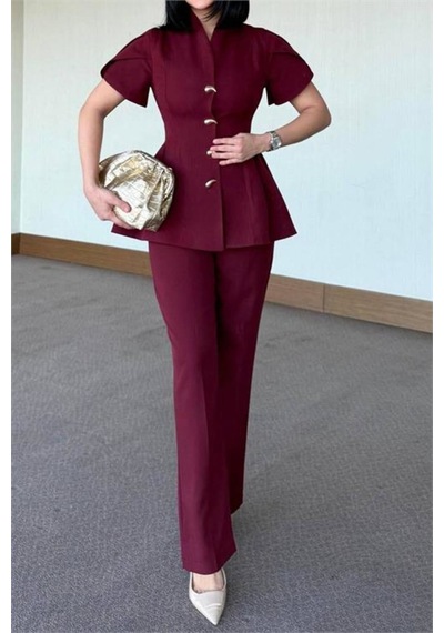 Neşeli Butik Kadın Bordo Gold Düğme Detaylı Peplum Kesim Premium Takım Nbstr4423