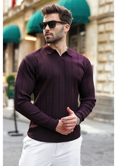 Madmext Mürdüm Polo Yaka Desenli Over Fit Erkek Triko Kazak E7517