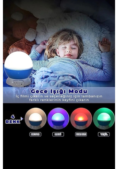 Ay Yıldız Desenli 360 Dönen Projektör Renkli Ledli Uyku Işığı Bebek Çocuk Odası Gece Lambası Mavi