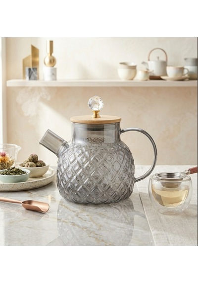 Isıya Dayanıklı Baklava Desen Cam Demlik Bambu & Metal Kapaklı Kulplu Süzgeçli 1000 Ml Füme Renk Gri