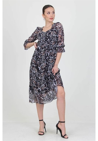 Neşeli Butik Kadın Siyah Kalp Yaka Yeni Sezon Desenli Şifon Elbise Ry0030 Siyah