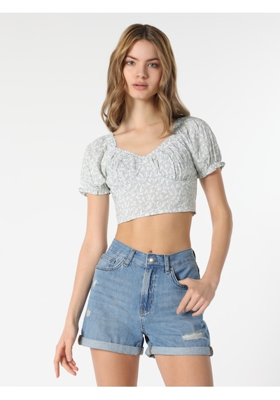 Colin's Colins Slim Fit Büzgülü Crop Yeşil Kadın Kısa Kol Gömlek Cl1063921 Mint Yeşili