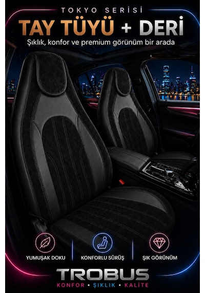 Fiat Albea 2002-2012 Bel Destekli Tay Tüyü Koltuk Kılıfı Tokyo Serisi Siyah