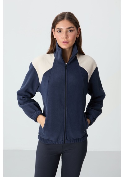 Tommy Life Lacivert Kalın Yumuşak Dokulu Dik Yaka Oversize Nakışlı Polar Kadın Sweatshirt - 97293 Lacivert