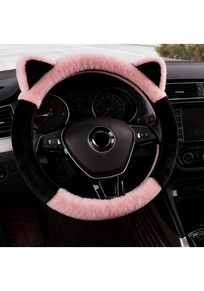Kulaklı Pembe Peluş Direksiyon Kılıfı Kadınlara Özel Tüylü Direksiyon Kılıfı