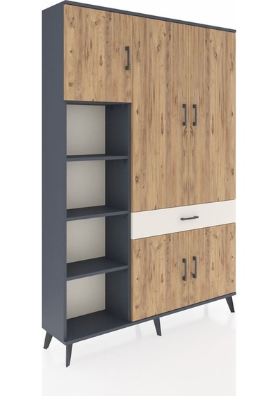 Arges Dolap 8 Raflı Tek Çekmeceli 5 Kapaklı 132x30x195 Antras... Antrasit