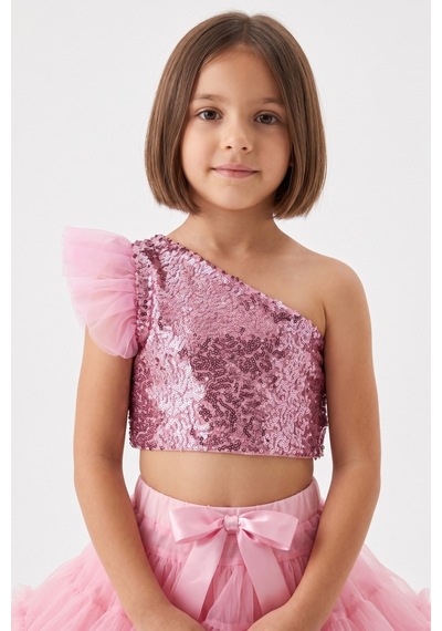 Le Mabelle Pembe Pullu Tek Omuzlu Kolu Tül Detaylı Kız Çocuk Crop Bluz - Bianca Pembe